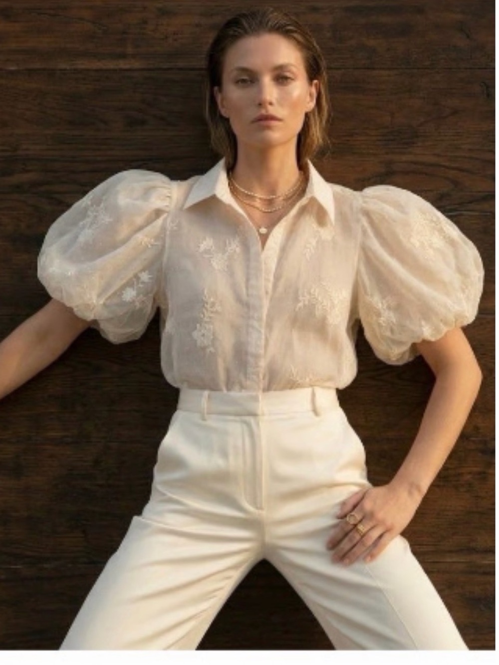 Ultra Pink Sheer Puff-Sleeve Button-Down in Light Cream